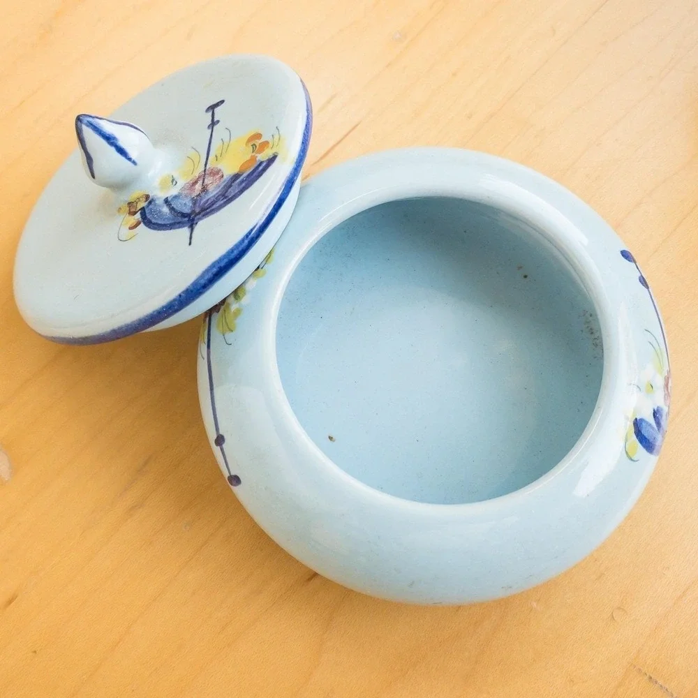 Italy Ceramic Vase and Trinket Jar Set Blue Floral Hand‎ Painted Vintage Ceramic